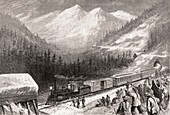 Chinese railroad workers, Sierra Nevada, illustration