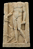 Grave relief of athlete with dog.