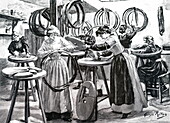Women making pneumatic tyres for bicycles, illustration