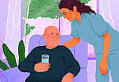 Nurse checking on senior man, illustration