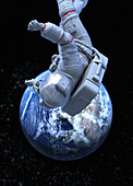 Astronaut floating above Earth, illustration