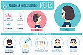 FUE hair transplantation, conceptual illustration