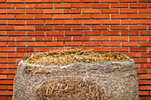 Hay bale against brick wall