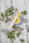 Homemade ointment with fresh yarrow flowers on a wooden table