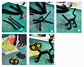 Making decorative cats from black chenille pipe cleaners