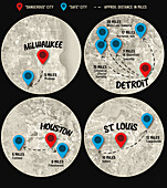 Safe cities near dangerous cities in the USA, illustration