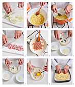 Zwiebelsuppe mit Schinkenwürfeln und Käse-Croûtons
