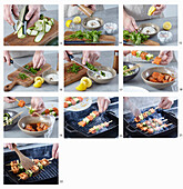 Prepare grilled salmon skewers with yoghurt dip