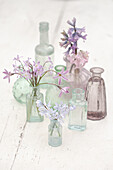 Early spring flowers arranged in small colored glass bottles