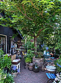 Idyllic garden area with many potted plants, garden furniture and tree in the centre