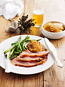 Grilled ham with green asparagus
