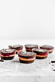 Chocolate, peanut butter and raspberry cupcakes