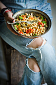 Pasta salad with capers, sun-dried tomatoes and mint