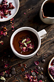 Hot chocolate with cardamom and rose petals
