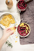 Beetroot hummus with tortilla chips