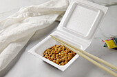 Natto, fermented soya beans in packaging