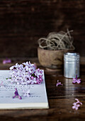 Lilac (Syringa vulgaris) flowers on a handwritten letter against a wooden background