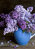 Lilac (Syringa) in blue ceramic vase on wooden surface