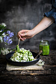 Rice noodles with wild garlic pesto