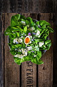 Grüner Salat mit Parmesan, Ei und Essblüten