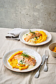 Mustard salmon with potato and pumpkin puree