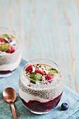 Vegan berry chia pudding with sunflower seed milk