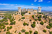 Aerial view of Almodovar del Rio castle in Vega del río Guadalquivir in Cordoba Province, Andalusia, southern Spain.
