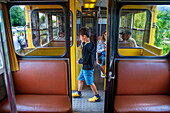 Inside The Yellow Train or Train Jaune, Pyrénées-Orientales, Languedoc-Roussillon, France.