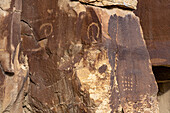 A pre-Hispanic Native American petroglyph rock art panel in Nine Mile Canyon in Utah.