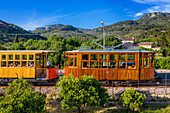 Vintage tram next to the Soller village. The tram operates a 5kms service from the railway station in the Soller village to the Puerto de Soller, Soller Majorca, Balearic Islands, Spain, Mediterranean, Europe.