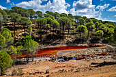 Blutrotes mineralhaltiges Wasser des Rio Tinto Flusses im Minengebiet Minas de Riotinto. Der sehr rote Rio Tinto (Fluss Tinto), Teil des Rio Tinto Minenparks (Minas de Riotinto), Provinz Huelva, Spanien