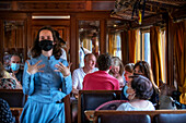 Actors, dramatization inside the Strawberry train that goes from Madrid Delicias train station to Aranjuez city Madrid, Spain.