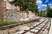 Train tracks, Utrillas mining train and Utrillas Mining and Railway Theme Park, Utrillas, Cuencas Mineras, Teruel, Aragon, Spain.