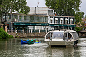 El Rana verde restaurant and boat trip excrusion on rio Tajo river or Tagus river in the La Isla garden Aranjuez Spain.
