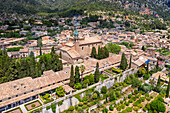 Aerial view of the Real Cartuja de Valldemossa, an old Carthusian monastery founded as a royal residence, Mallorca island, Balearic islands, Spain.