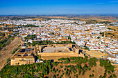 Aerial view of Alcazar del Rey Don Perdro in the old town of Carmona Seville Andalusia South of Spain.