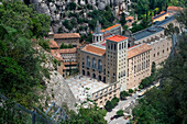 Santa Maria de Montserrat abbey from the Funicular de Sant Joan cable car railway, Monistrol de Montserrat, Barcelona, Catalonia, Spain