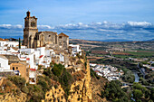 Panoramic view of Arcos de la Fontera, Church of San Pedro & the surounding countryside, Arcos De la Fontera, Cadiz Province, Andalusia, Spain.