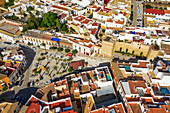 Aerial view of Marchena old town in Seville province Andalusia South of Spain. Plaza Padre Alvarado square.