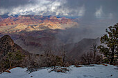 Winter snow squall over the canyon in Grand Canyon National Park, Arizona.