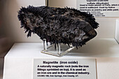 Magnetite, iron oxide, with iron filings on top in the mineral collection in the USU Eastern Prehistoric Museum, Price, Utah.