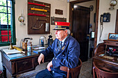 Station boss, Poveda station, El Tren de Arganda train or Tren de la Poveda train in Arganda del Rey, Madrid, Spain.