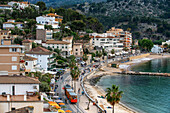 Aerial view Platja de Port de soller beach, Port de Soller, Mallorca, Balearic islands, Spain