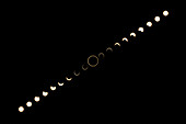 Composite image of the annular solar eclipse on 14 November 2023. Utah, USA. The sun at peak annularity has been enlarged for artistic effect.