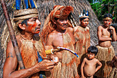 Jagd auf Blasrohrpfeile, Yagua-Indianer führen ein traditionelles Leben in der Nähe der Amazonasstadt Iquitos, Peru