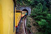 Inside The Yellow Train or Train Jaune, Pyrénées-Orientales, Languedoc-Roussillon, France.