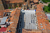 Aerial view of the cathedral and main square, Plaza Mayor, Sigüenza, Guadalajara province, Spain