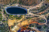 Rio Tinto mines. Arroyo de la Peña del Hierro. Main open pit copper sulphur mine at Rio Tinto, Sierra de Aracena and Picos de Aroche Natural Park. Huelva province. Southern Andalusia, Spain. Europe.