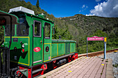Tren del Ciment, at Jardins Artigas gardens station, La Pobla de Lillet, Castellar de n´hug, Berguedà, Catalonia, Spain.