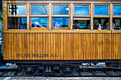 Trade, sigh in the tren de Soller train vintage historic train that connects Palma de Mallorca to Soller, Majorca, Balearic Islands, Spain, Mediterranean, Europe.